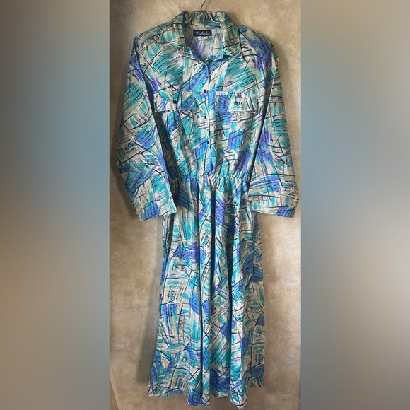 Caliche All Over Print Dress Vintage 80s 3/4 Sleeve Pockets Collared Funky - Picture 2 of 14